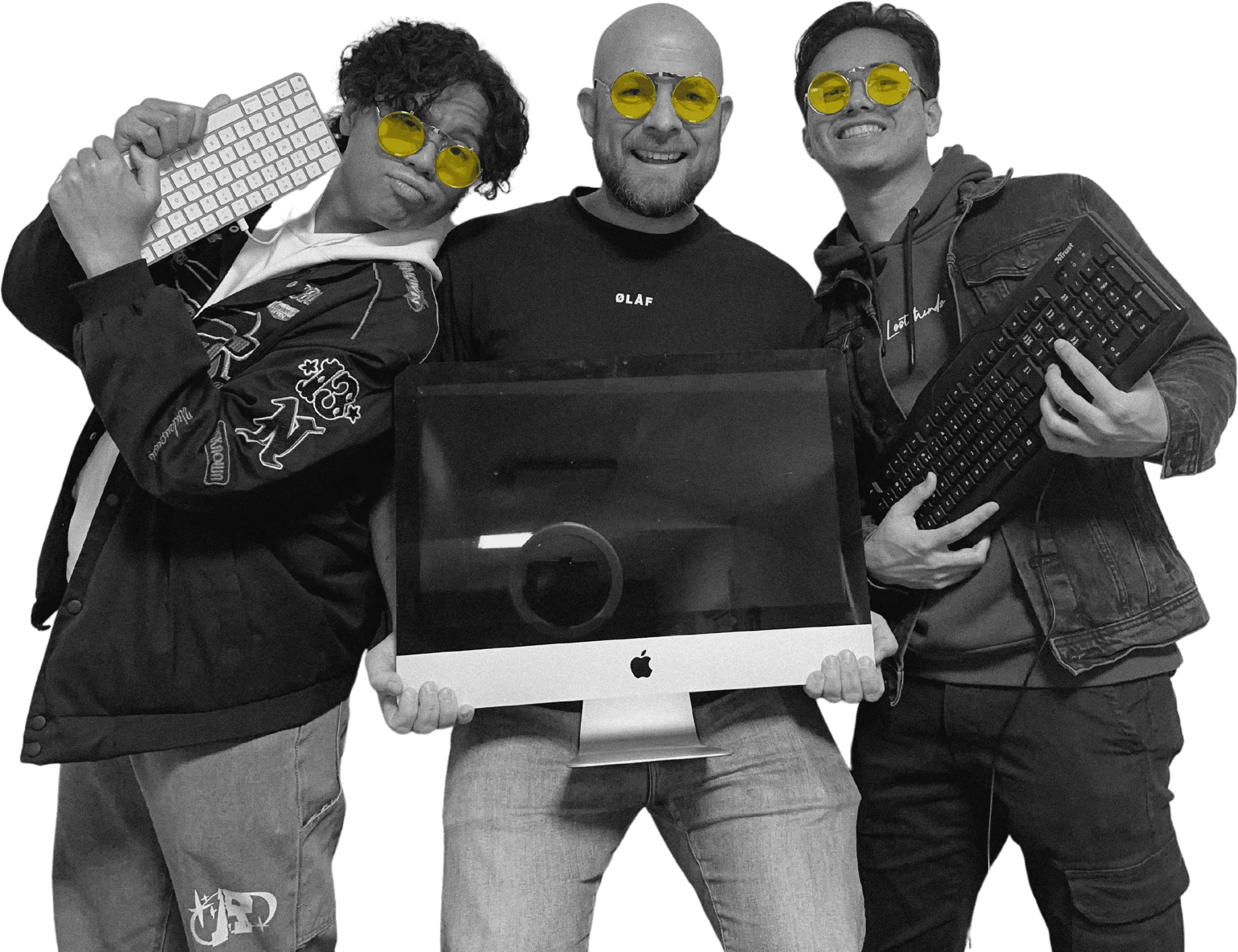 a group of men holding computers