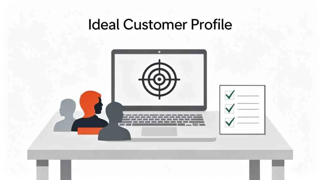 Illustratie van een ideaal klantprofiel met een laptop, doelwit, potentiële klanten en checklist.