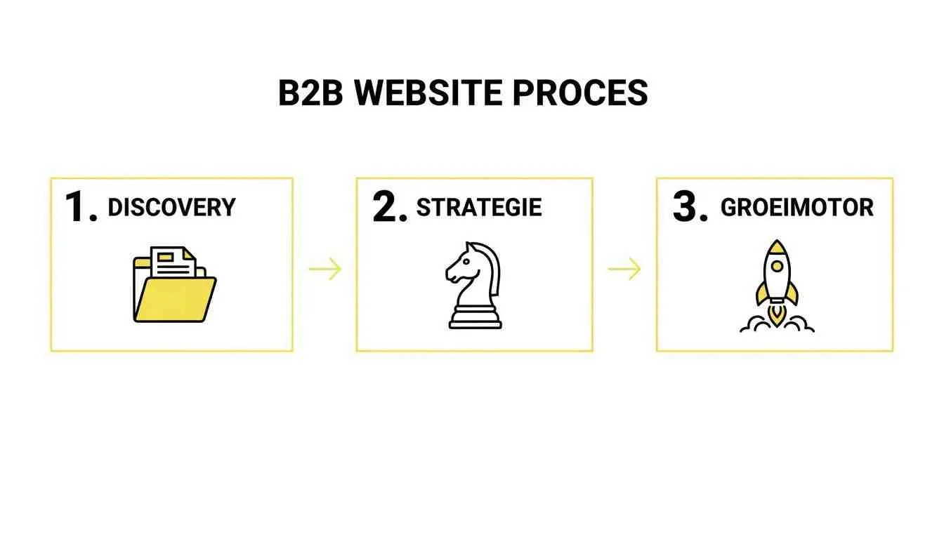 Driestappenproces voor een B2B website met iconen voor ontdekking, strategie en groei.