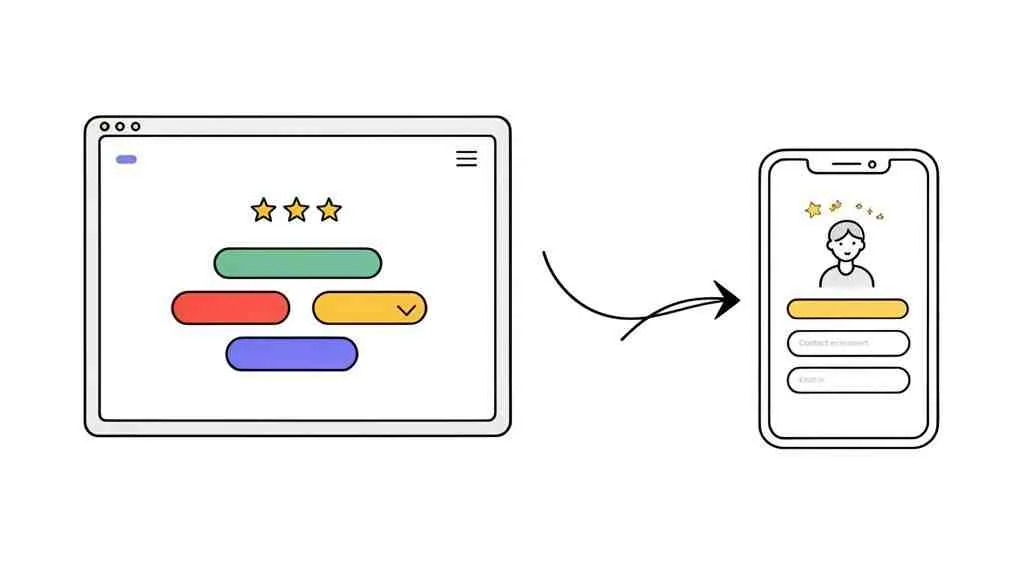 Een desktopbrowser toont UI-elementen met sterren en knoppen, overgaand in een mobiele telefoon met een gebruikersprofiel en invoervelden.