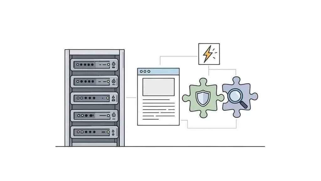 Een serverrack verbonden met een webpagina, met componenten voor prestaties, beveiliging en analyse, wat websitefunctionaliteit illustreert.