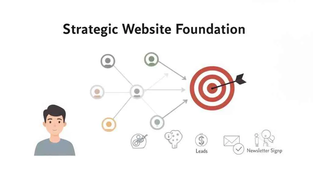 Diagram over strategische website fundering: gebruikers leiden naar een doel, met focus op leads en nieuwsbrieven.