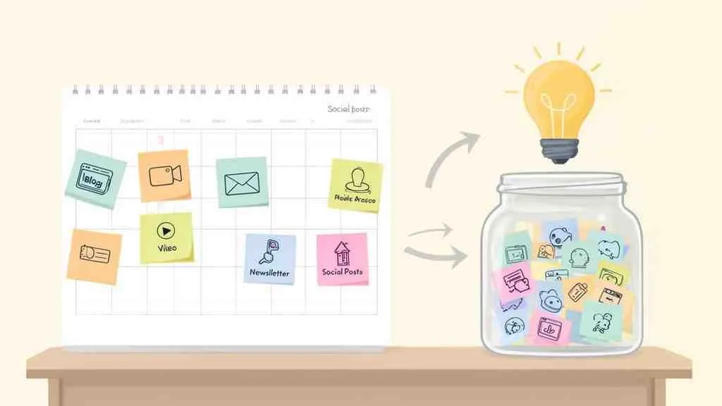 Een contentkalender met sticky notes die verschillende contenttypen en ideeën voorstellen, verbonden met een ideeënjar en gloeilamp.