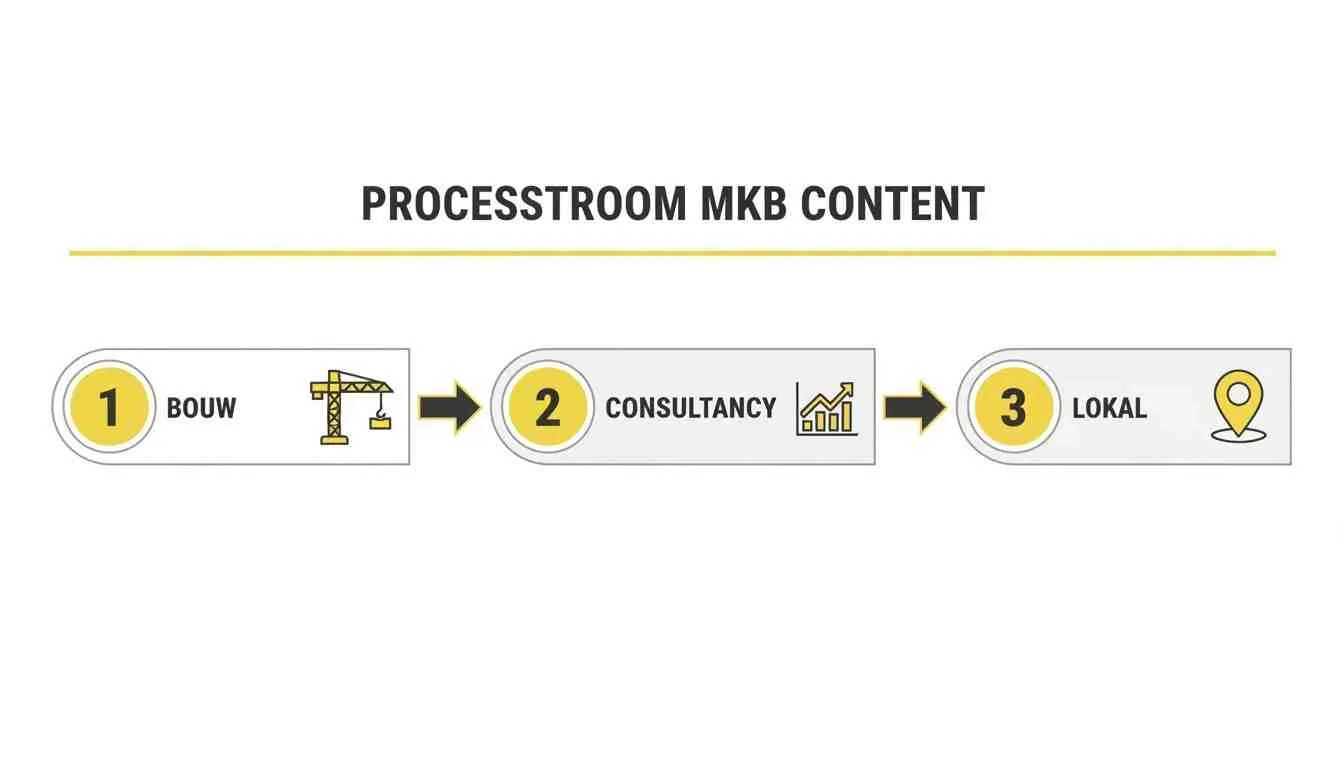 Stroomdiagram dat de processtroom voor MKB content illustreert met drie stappen: Bouw, Consultancy en Lokaal.