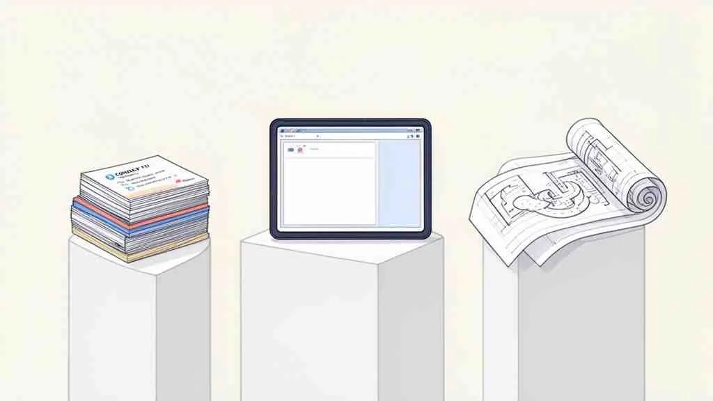 Drie sokkels met bovenaan een stapel documenten, een tablet met software en een opgerolde bouwtekening.