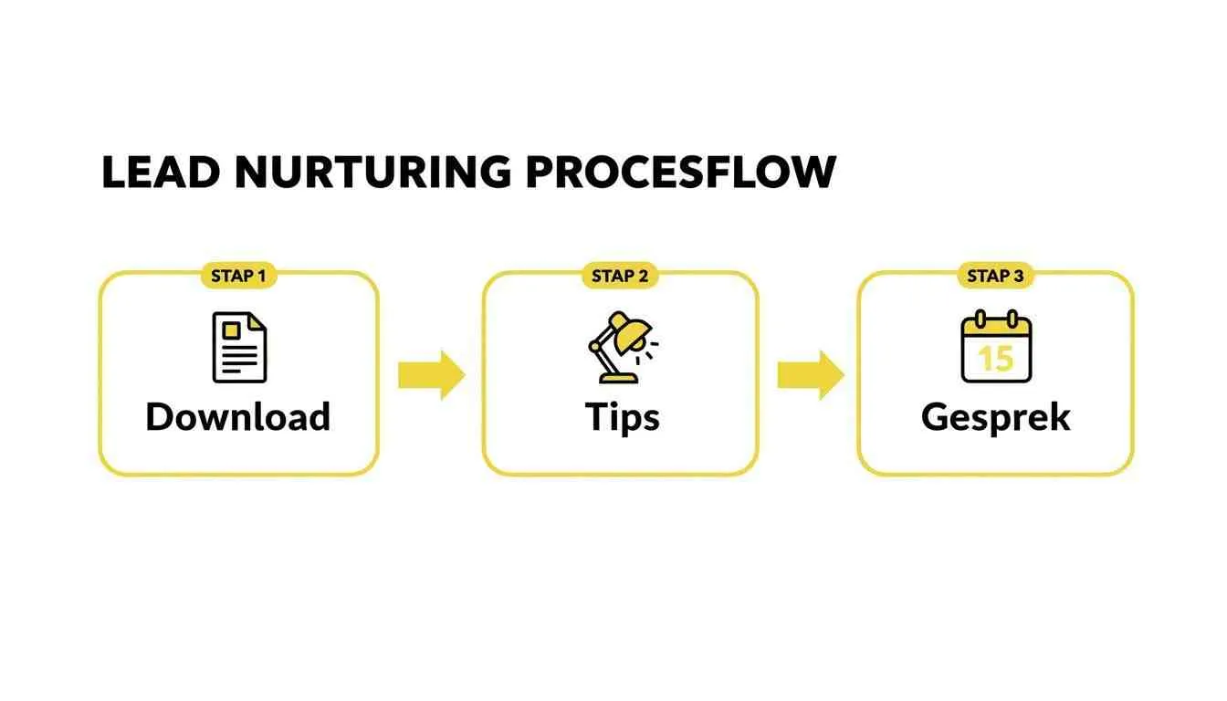 Schema van een lead nurturing processtroom met drie stappen: downloaden, tips en gesprek.