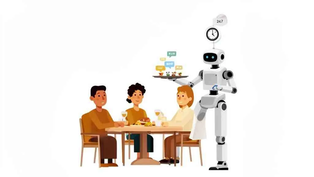 Een robot serveert eten en drinken aan drie mensen aan een tafel, symboliserend 24/7 service.