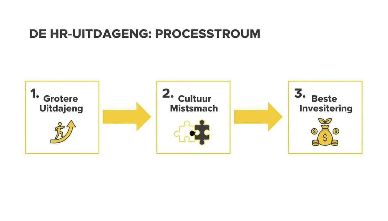Visualisatie van de HR-uitdaging processtroom met drie stappen: Grotere Uitdaging, Cultuur Mismatch, en Beste Investering.