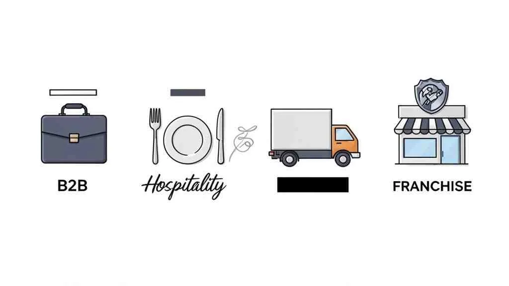 Vier pictogrammen die verschillende bedrijfssectoren voorstellen: B2B, horeca, logistiek en franchise.