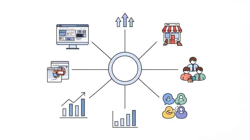 Een diagram met een centrale cirkel verbonden met pictogrammen die digitale marketingdiensten, webdesign, data-analyse, teamwerk en bedrijfsgroei voorstellen.