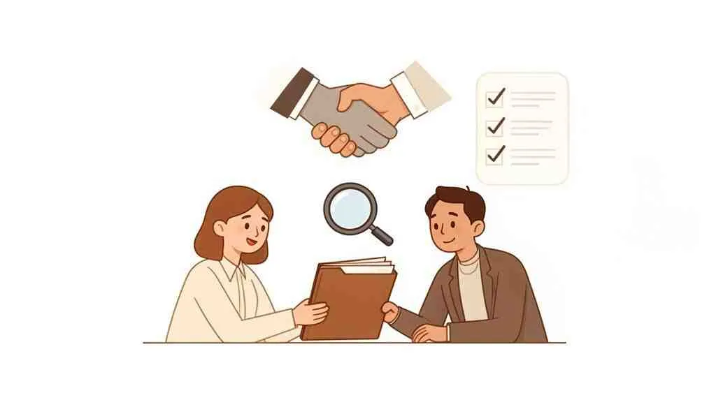 Twee mensen wisselen een map uit, met iconen van een handdruk, vergrootglas en checklist erboven.