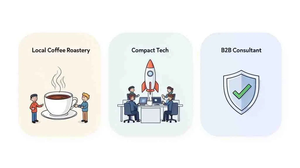 Drie panels met illustraties van diverse bedrijfssoorten: een koffiebranderij, een techbedrijf en een B2B-adviseur.