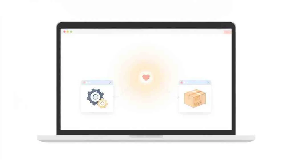 Een laptop toont een scherm met tandwielen en een pakket, verbonden door een gloeiend hart.