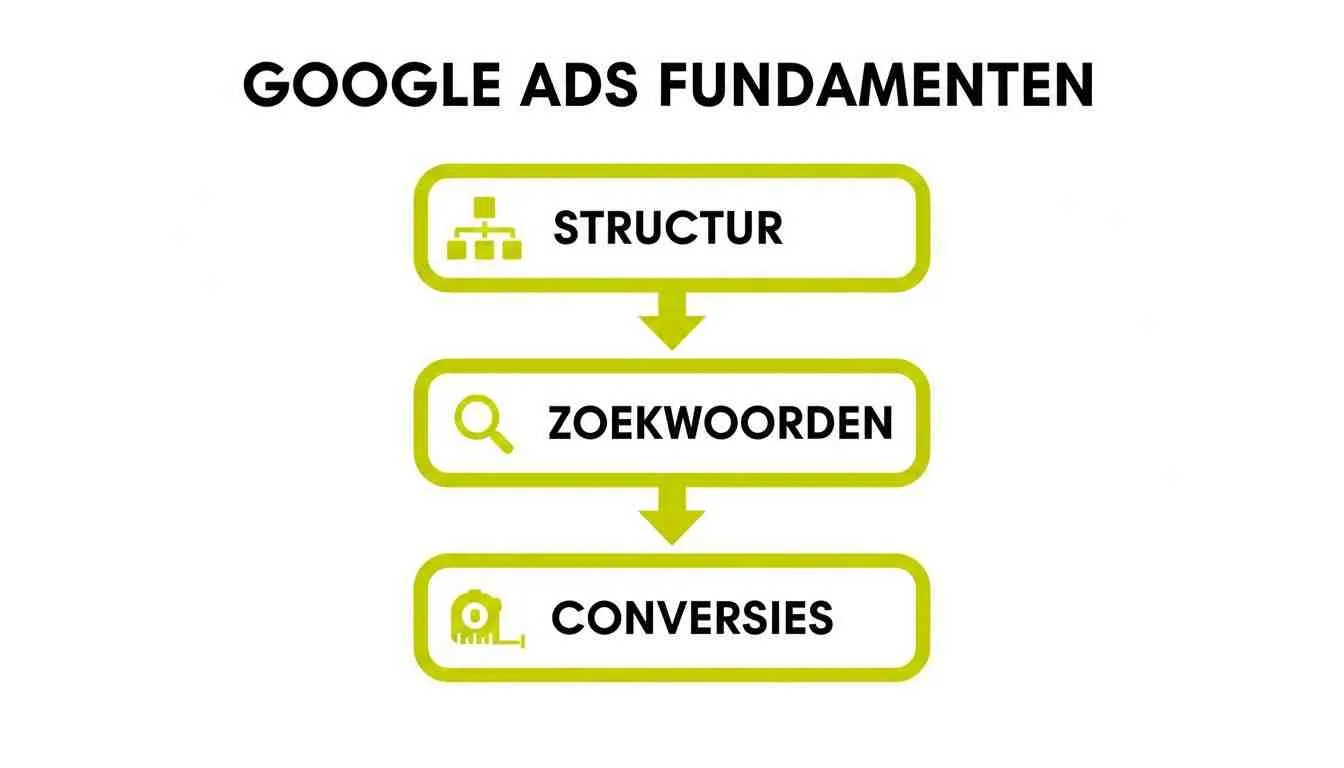 Een schema over de fundamenten van Google Ads, met stappen voor structuur, zoekwoorden en conversies.