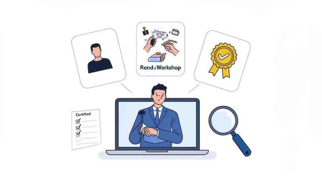 Illustratie van een online cursus of workshop, met een spreker op een laptop, certificering en leeractiviteiten.