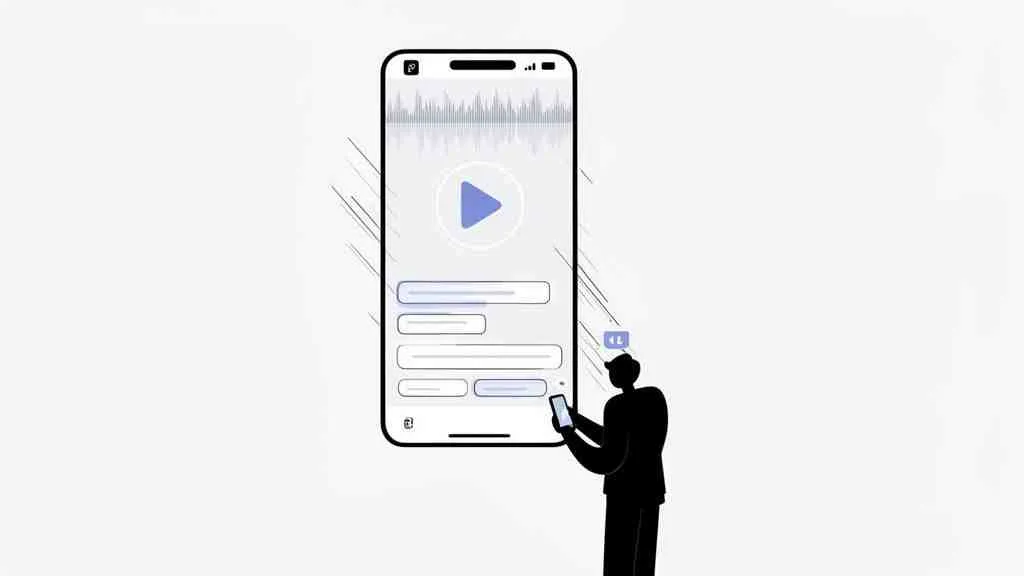 Een persoon kijkt naar een grote smartphone met een audio-interface en berichten, terwijl ze een kleinere telefoon vasthouden.