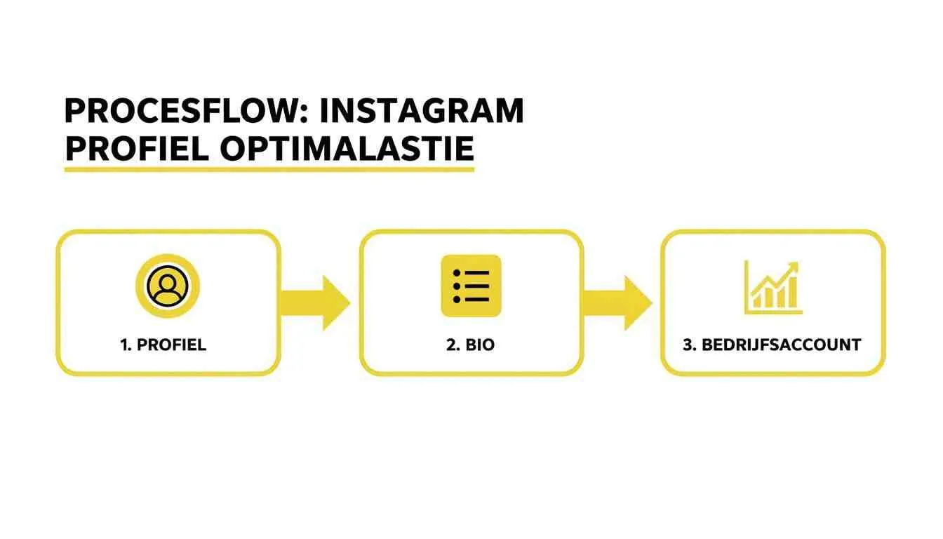 Procesflow diagram voor Instagram profiel optimalisatie met drie stappen: Profiel, Bio, Bedrijfsaccount.