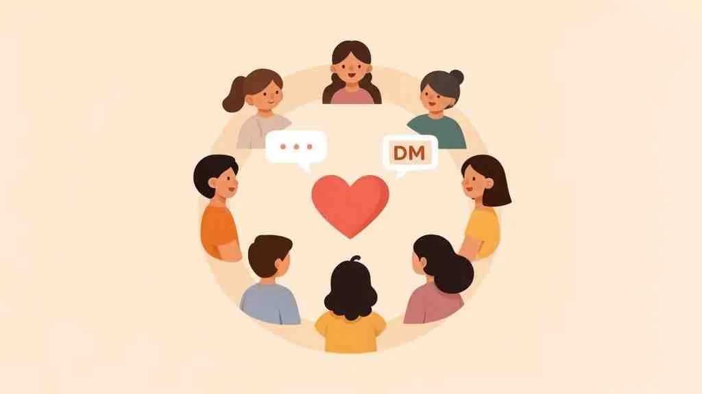 Groep mensen in een cirkel rond een hart, met spraakbellen voor communicatie en verbinding.