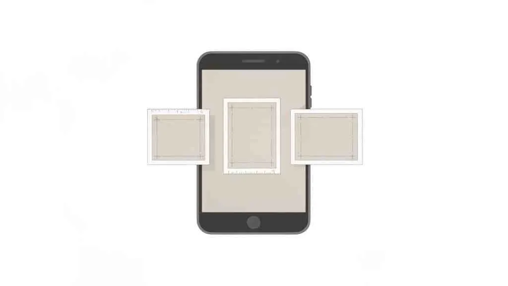 Een smartphone toont drie lay-outs met meetlijnen, waarschijnlijk voor socialmediapostafmetingen.
