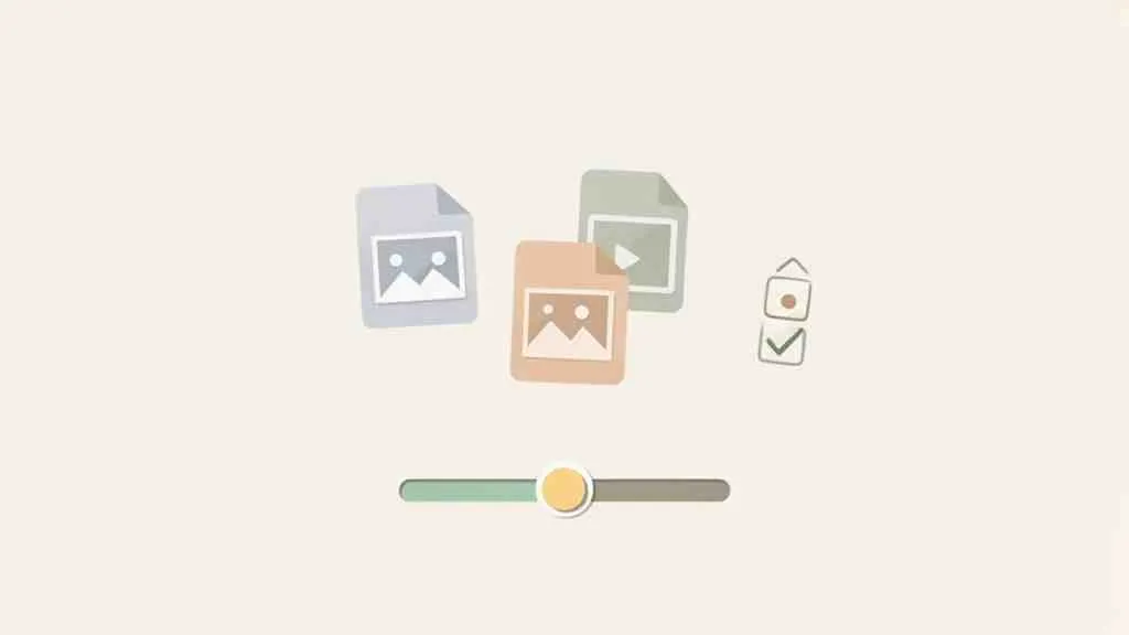 Afbeelding toont diverse mediabestanden (twee foto's, één video) en een schuifregelaar voor voortgang of beheer.