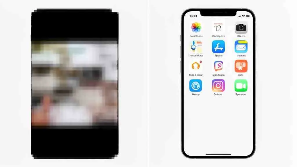 Twee smartphones naast elkaar. Eén toont een wazige video, de andere een iPhone-startscherm met app-pictogrammen.