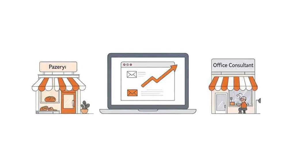 Illustratie van een bakkerij, een laptop met e-mailmarketing groei en een kantooradviseur. Het toont digitale zakelijke groei.