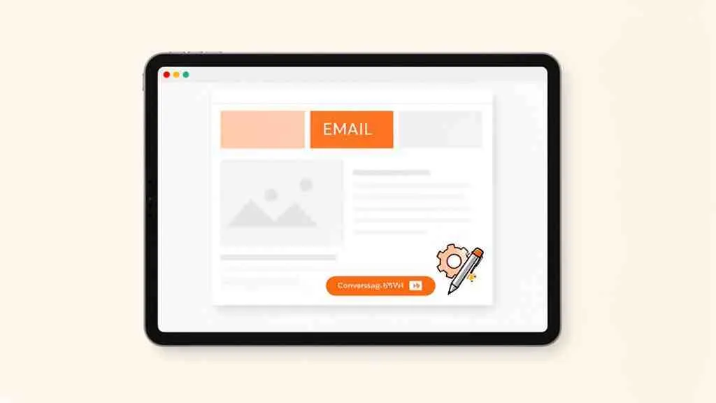 Een tablet toont een e-mailinterface met een afbeelding, tekst en knoppen, inclusief een bewerkingsicoon.