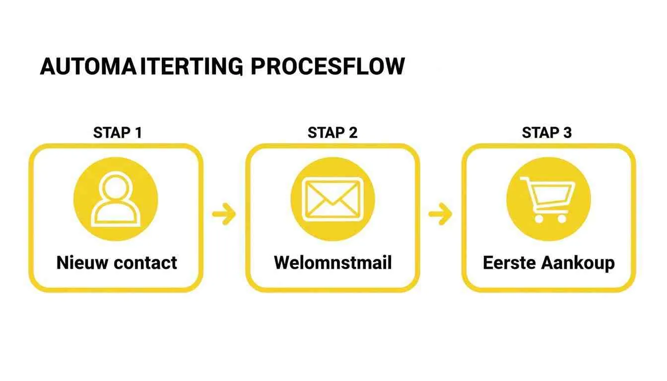 Diagram van een geautomatiseerde procesflow: van nieuw contact via een welkomstmail naar de eerste aankoop.