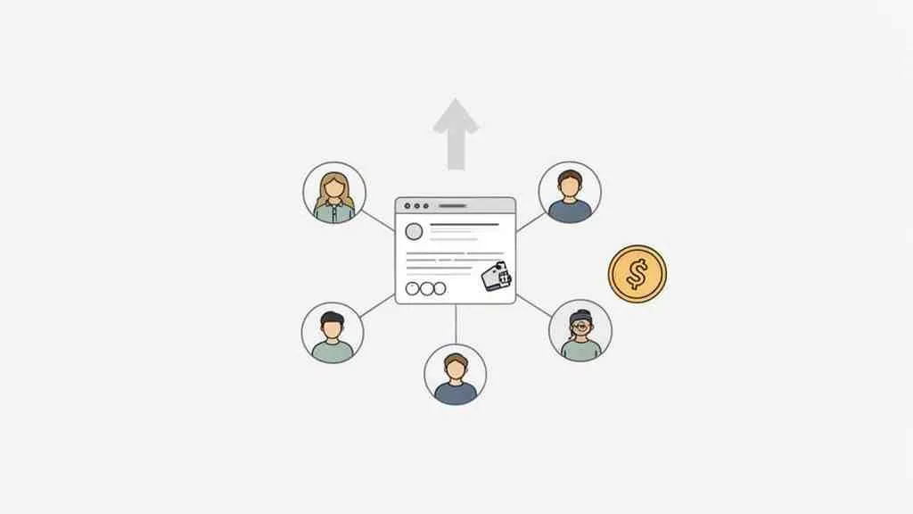 Illustratie van een webpagina met gebruikersprofielen en een dollarteken, verbonden door lijnen, met een opwaartse pijl.