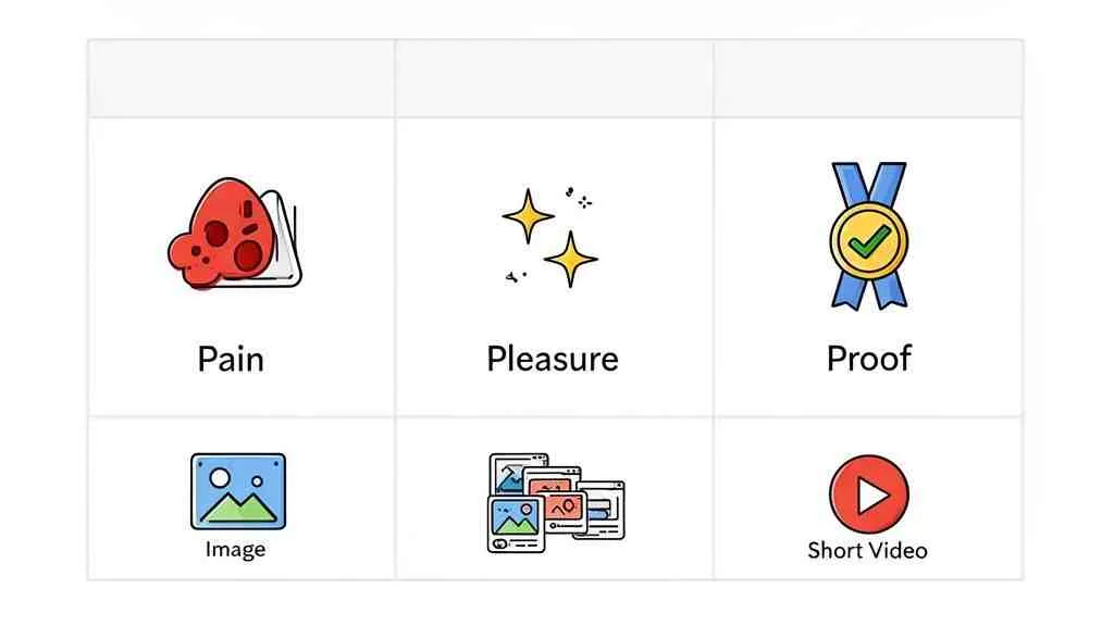 Een raster met zes pictogrammen en hun labels: Pijn, Plezier, Bewijs, Afbeelding en Korte video, die marketingelementen vertegenwoordigen.