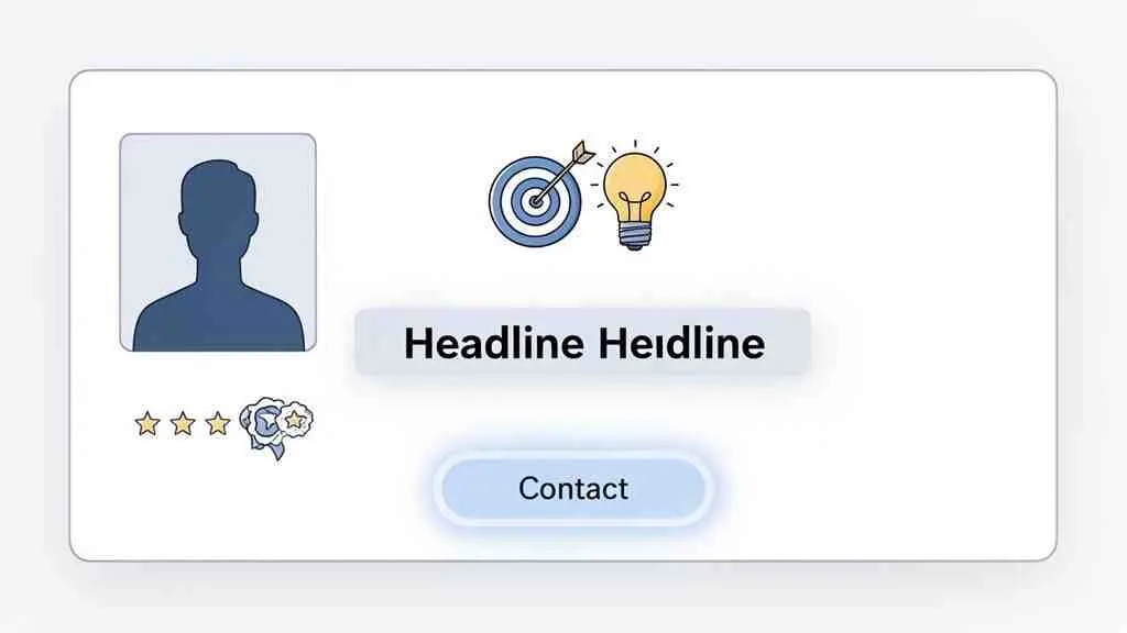 Een profielkaart met avatar, doelwit, gloeilamp, sterren en een 'Contact'-knop voor een professional.