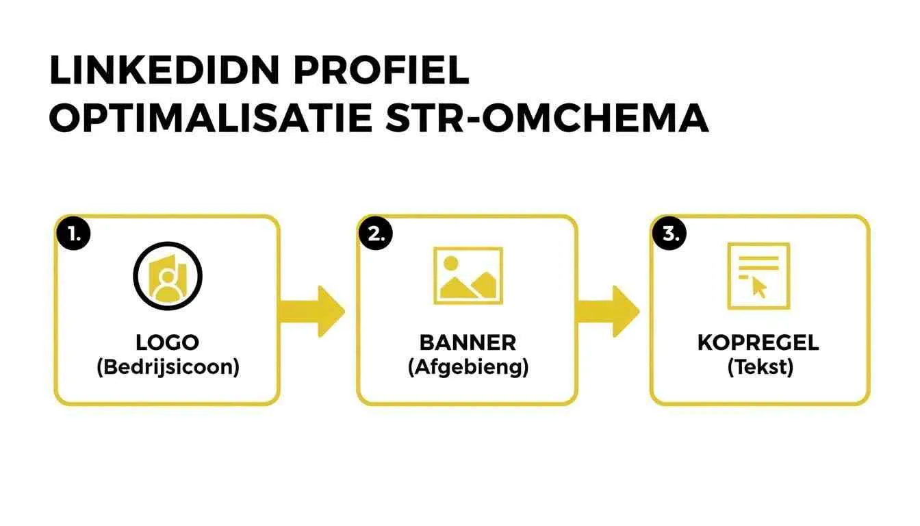 Schema voor LinkedIn profieloptimalisatie met stappen voor logo, banner en kopregel.