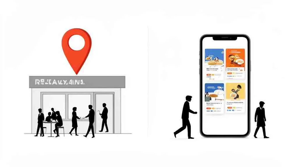 Illustratie van een fysieke winkel met mensen en een locatiepin, naast een smartphone met een maaltijdbezorg-app.