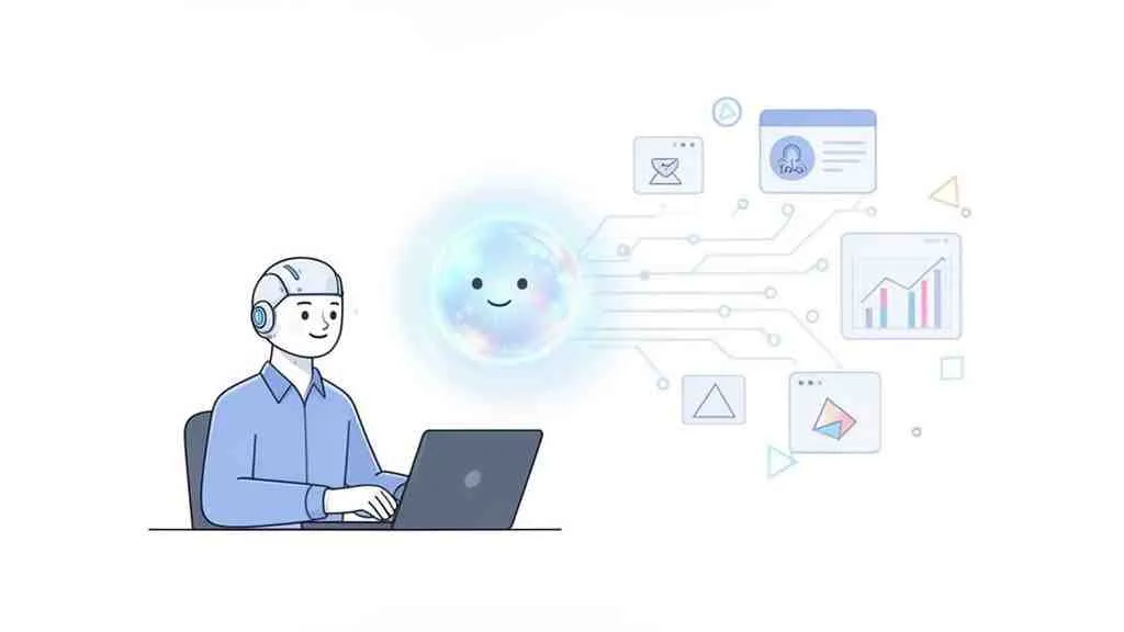 Een persoon met headset werkt op een laptop, verbonden met een AI-orb die gegevens en apps beheert.