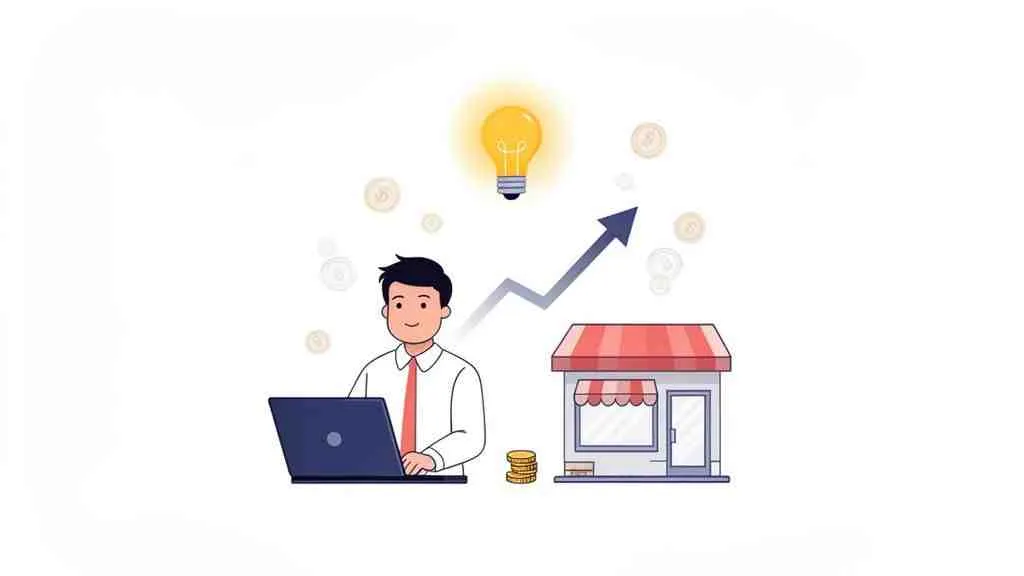 Man werkt op laptop met gloeiend idee, pijl omhoog, winkel en munten die groei symboliseren.