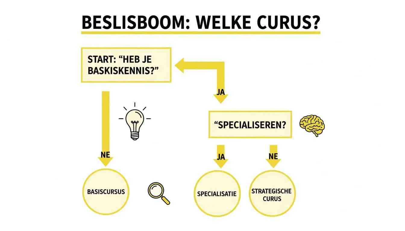 Een beslisboom die helpt bij het kiezen van een cursus, afhankelijk van basiskennis en specialisatiewensen.