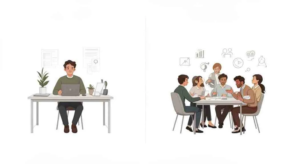 Illustratie van individueel laptopwerk en teamoverleg op kantoor, diverse werkstijlen.