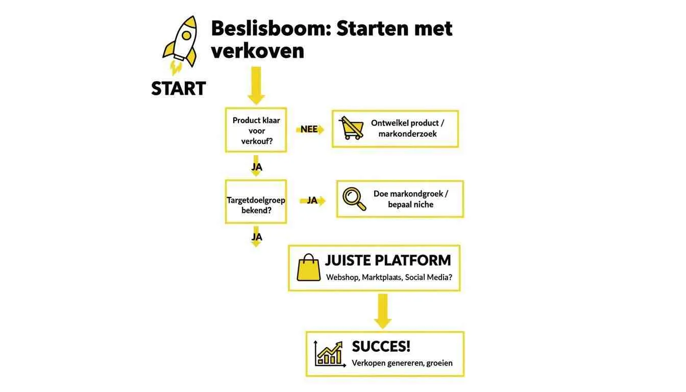 Beslisboom over het starten met verkopen, van productontwikkeling tot het kiezen van het juiste platform en succes.