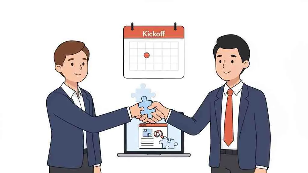 Twee zakenmannen schudden handen met een puzzelstuk, een laptop en een 'Kickoff' kalender, wat projectsamenwerking symboliseert.