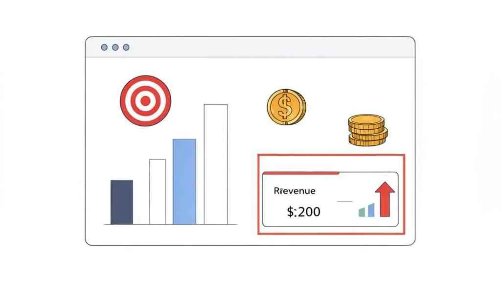Illustratie van een dashboard met een staafdiagram, doelschijf en groeiende omzetindicator van $200.
