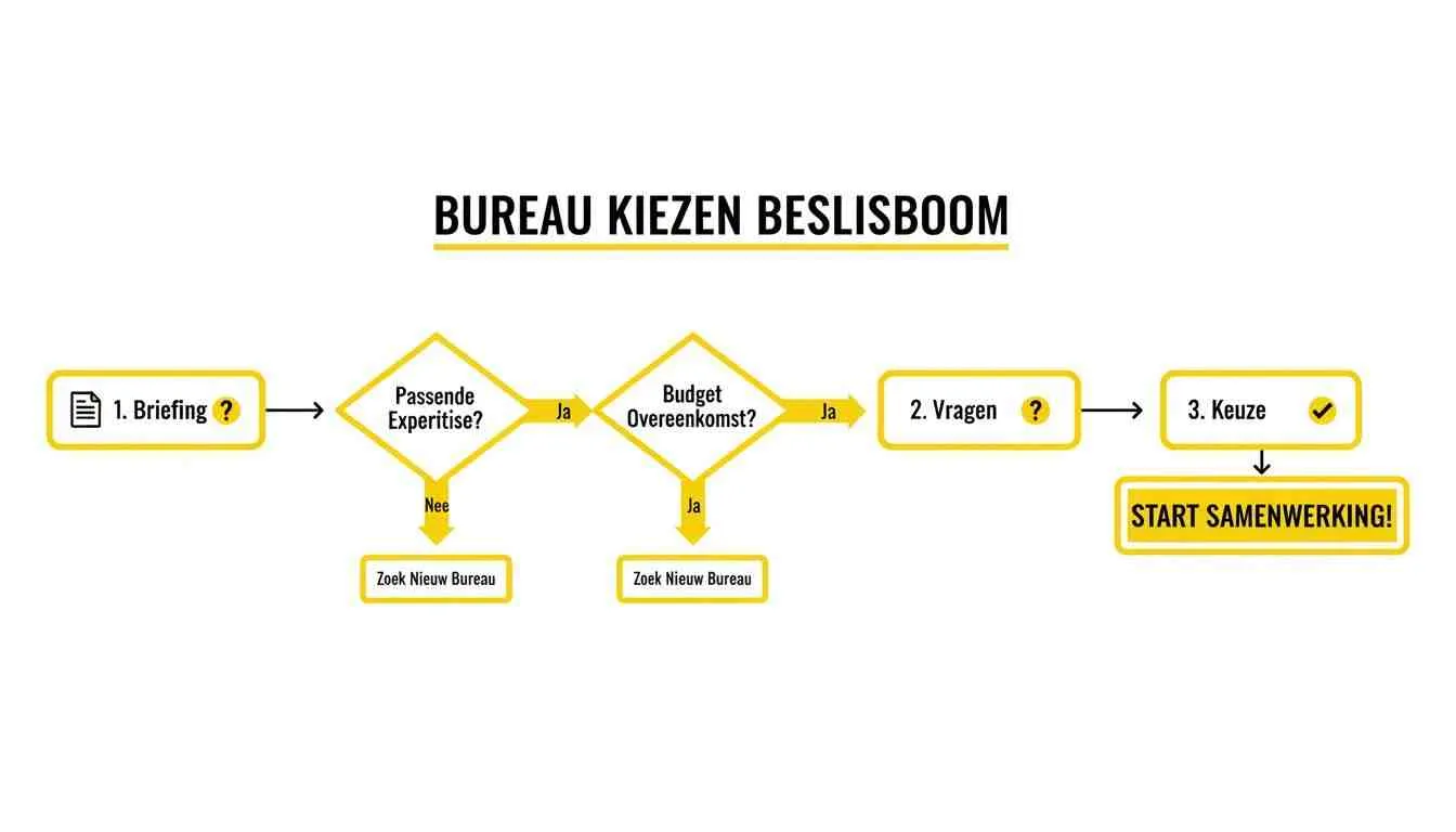Een beslisboom stroomschema voor het kiezen van een bureau, met stappen voor briefing, expertise, budget en samenwerking.