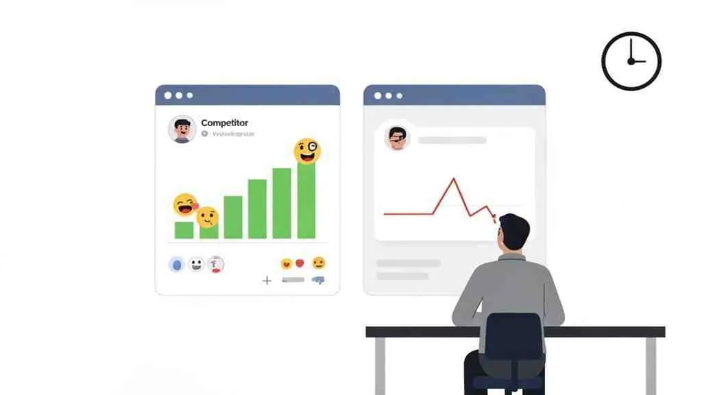 Een man analyseert sociale media prestaties en concurrentiegegevens met grafieken en emoji's.