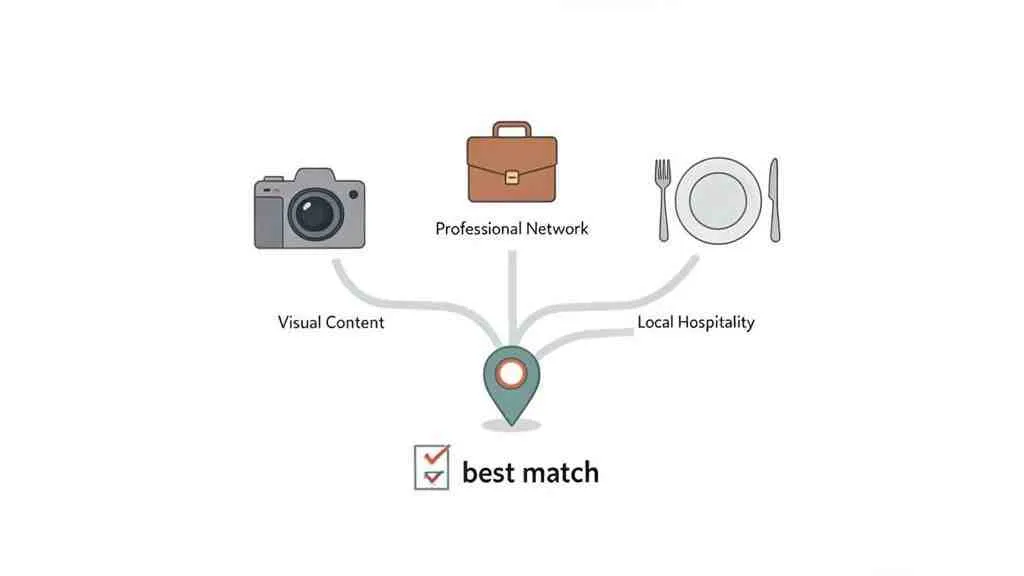 Infographic die visuele inhoud, professioneel netwerk en lokale gastvrijheid combineert voor de beste match op een locatie.