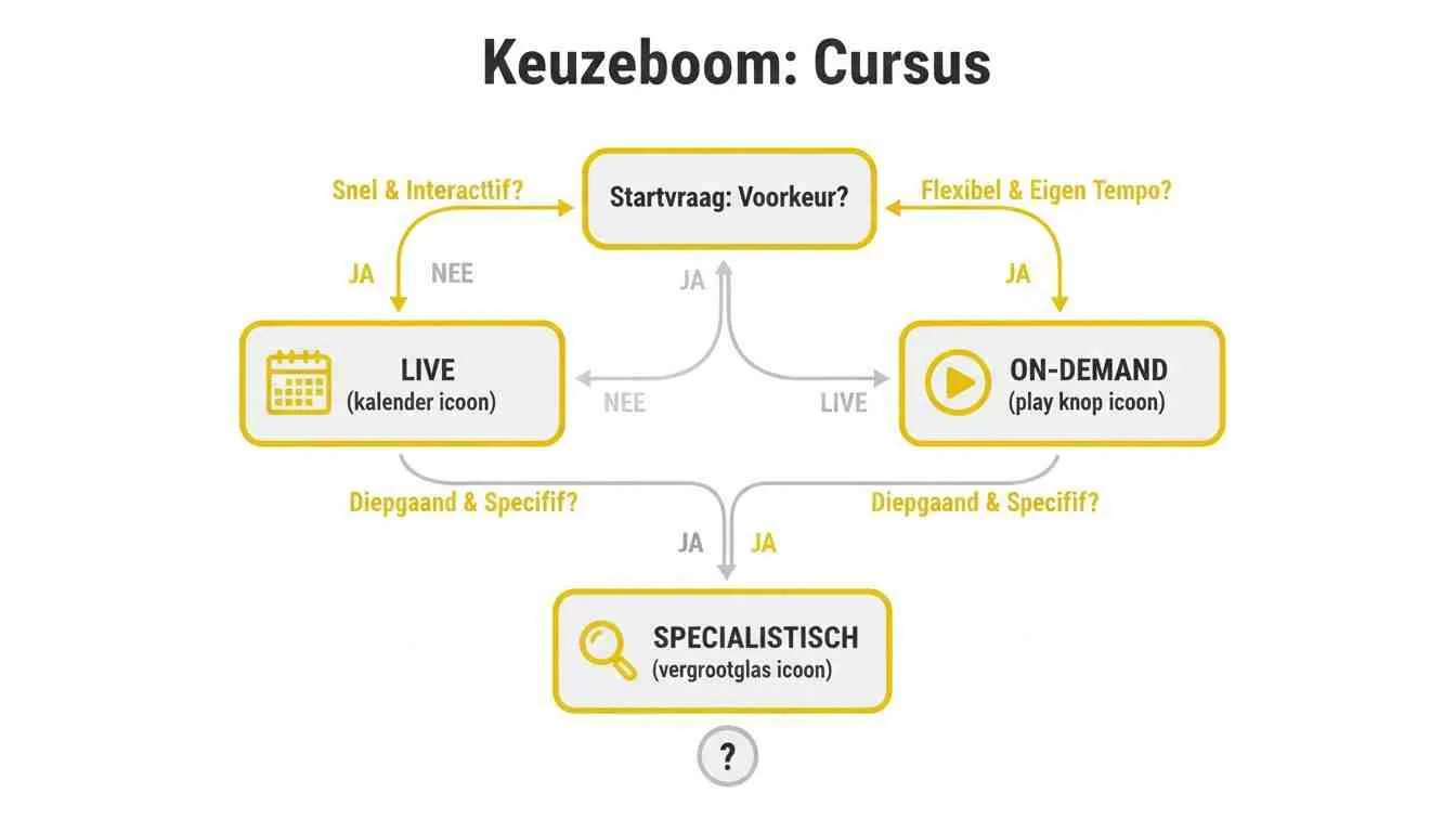 Een beslisboom over het kiezen van een cursus: LIVE, ON-DEMAND of SPECIALISTISCH, gebaseerd op voorkeuren.