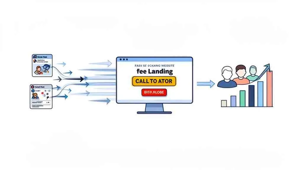 Visualisatie van sociale mediaposts die via een landingspagina leiden tot gebruikersgroei en conversies.