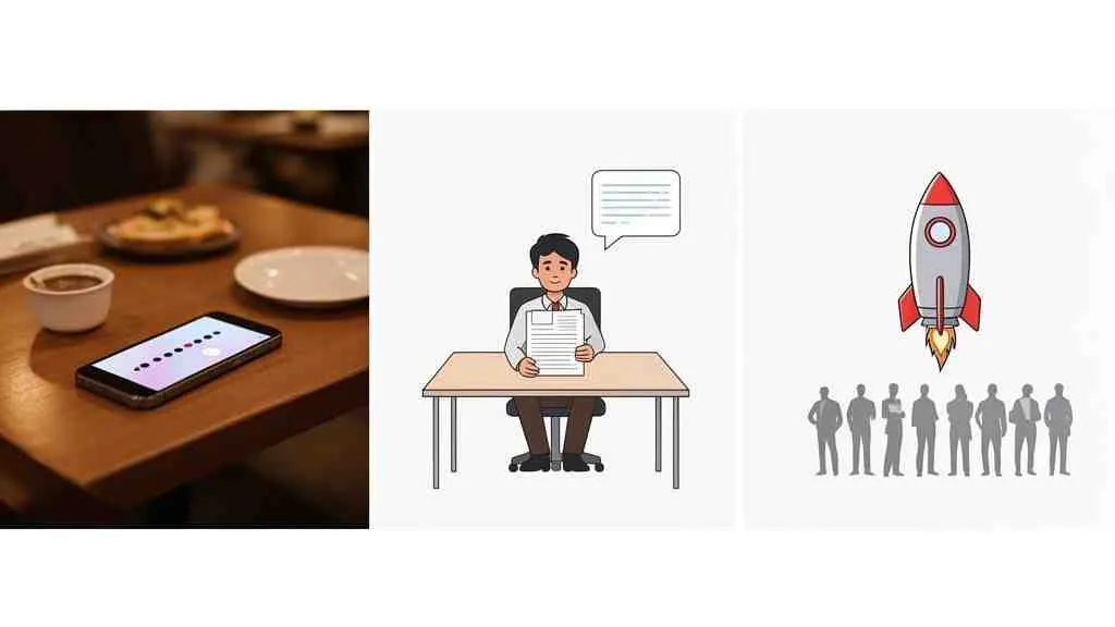 Een compositie van een telefoon, een man aan een bureau en een raket boven mensen, symboliserend vooruitgang.