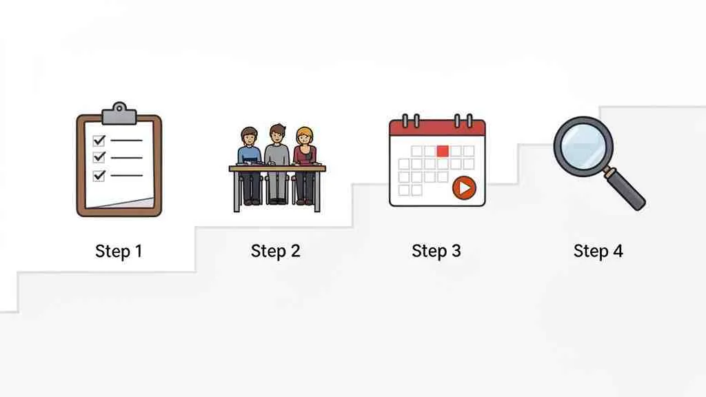 Een illustratie van een vierstappenplan met symbolen voor planning, vergaderen, een afspraak maken en onderzoek doen.