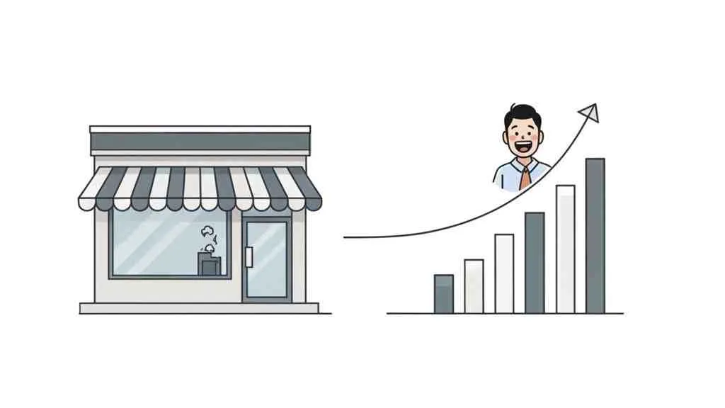 Cartoon van een winkel met een blije ondernemer en een stijgende grafiek, symbool voor bedrijfsgroei en succes.