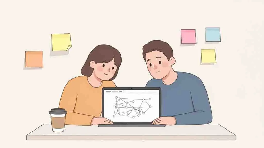 Twee mensen kijken samen naar een laptop met een netwerkdiagram. Plaknotities en een koffiebeker zijn zichtbaar op tafel.