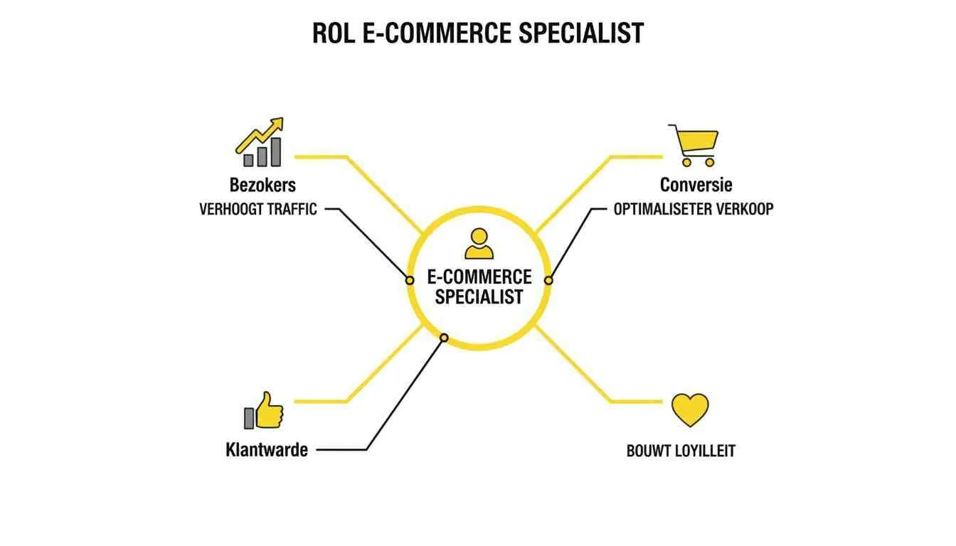 Diagram toont de rol van een E-commerce Specialist, gericht op bezoekers, conversie, klantwaarde en loyaliteit.